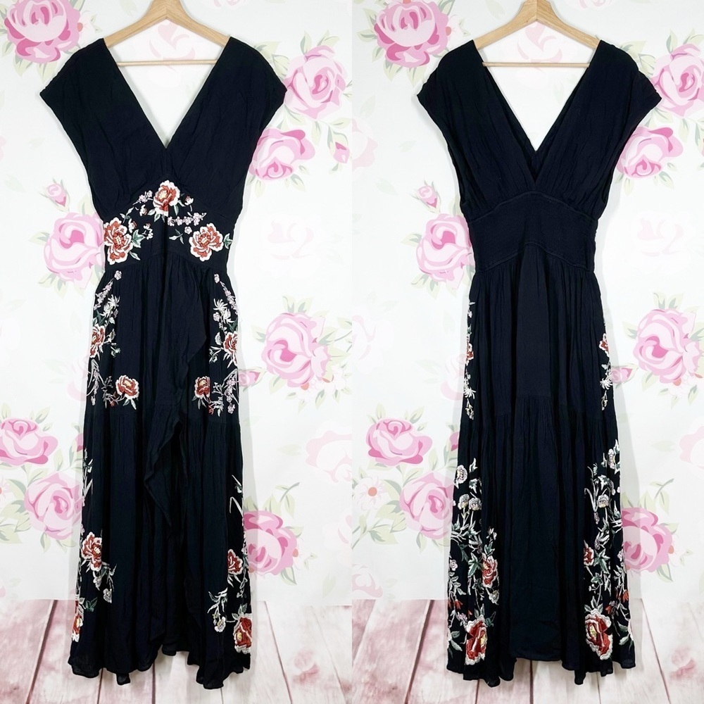 NEW Free People Abbey Wrap Floral Embroidered Bohemian Black Dress S